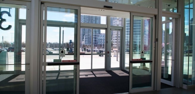 sliding doors at the entranceway of a mall